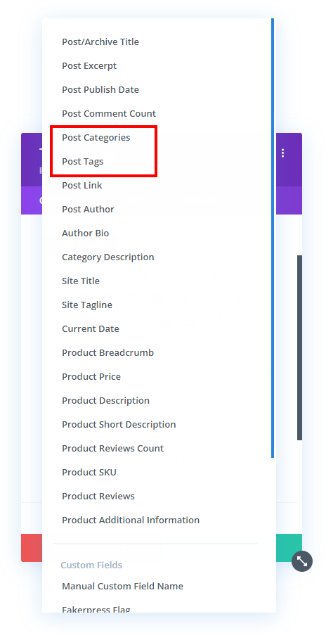 select Divi dynamic content post categories and post tages