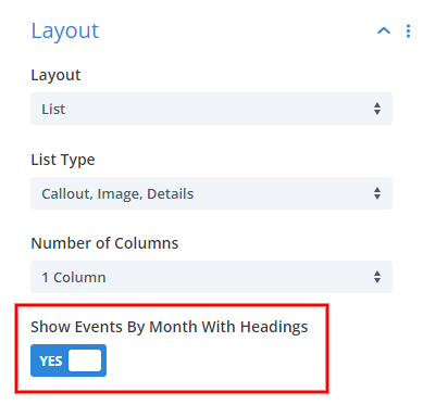 show events by month with headings setting in the Events Feed module Divi Events Calendar Plugin by Pee Aye Creative