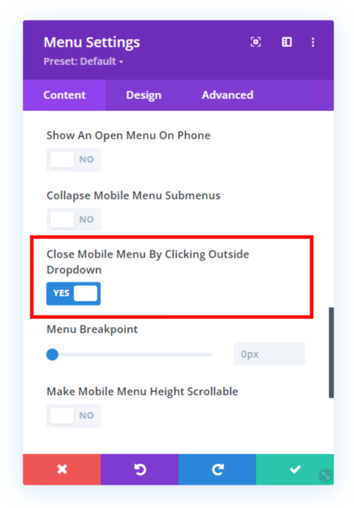 close mobile menu dropdown by clicking outside menu setting in the Divi Responsive Helper 2.3