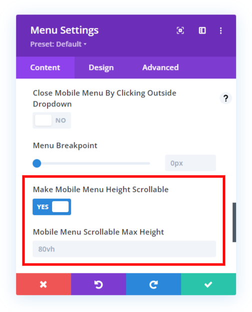 set the mobile menu scrollable height setting in the Divi Responsive Helper 2.3