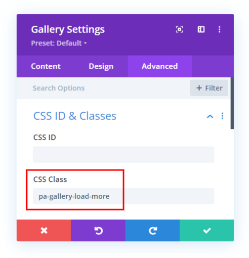 add custom class to the Divi gallery module to add a load more button