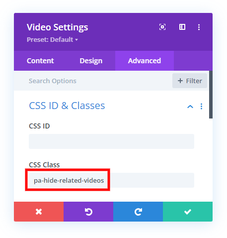 add a custom css class to hide related YouTube videos in Divi