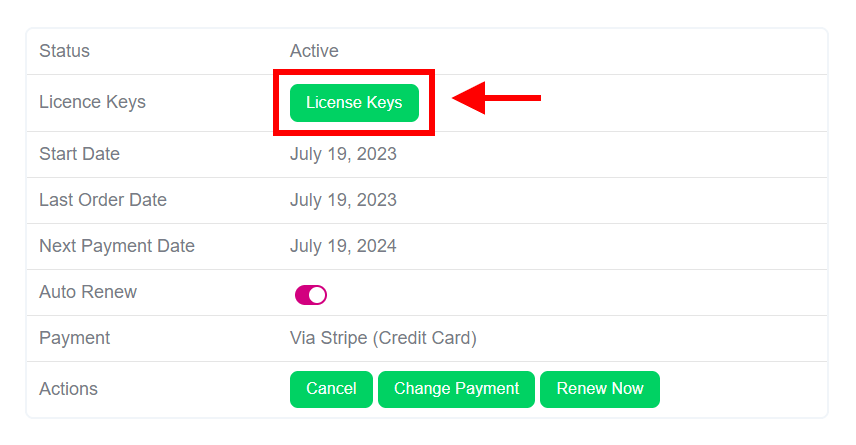 View License keys button on a subscription in the Pee Aye Creative account