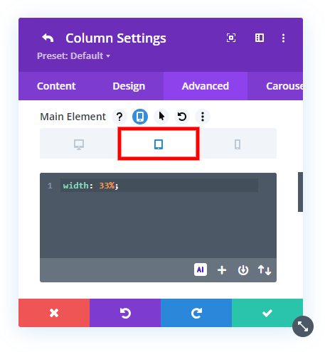 Screenshot of website column settings interface.